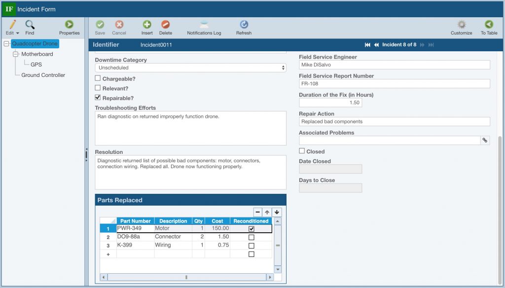 Relyence FRACAS Form with Subtable